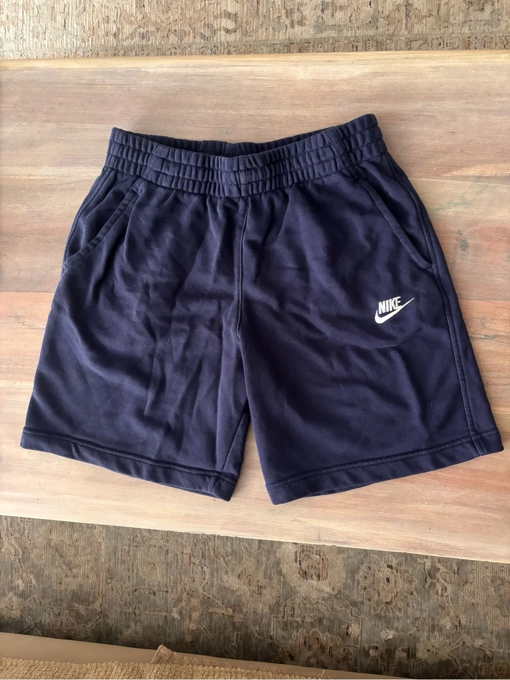 Nike Navy Blue Fleece Shorts with White Embroidered Swoosh
